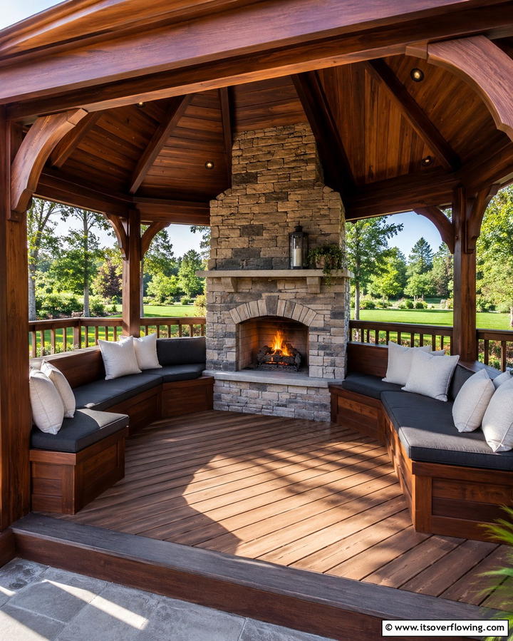 Gazebo with a Fireplace and Built In Seating - 25 Gazebo With Fireplace Ideas for Cozy Outdoor Nights