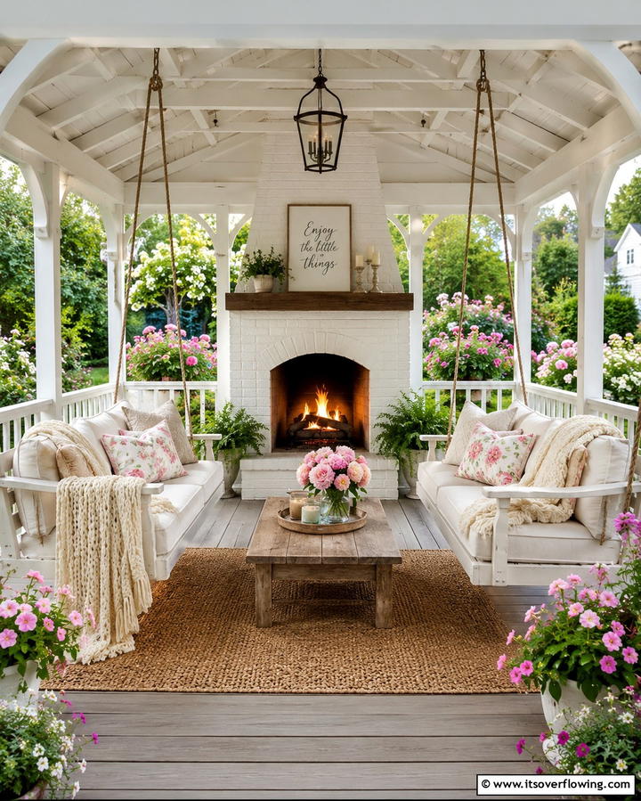 Gazebo with a Fireplace and Swing Seating - 25 Gazebo With Fireplace Ideas for Cozy Outdoor Nights