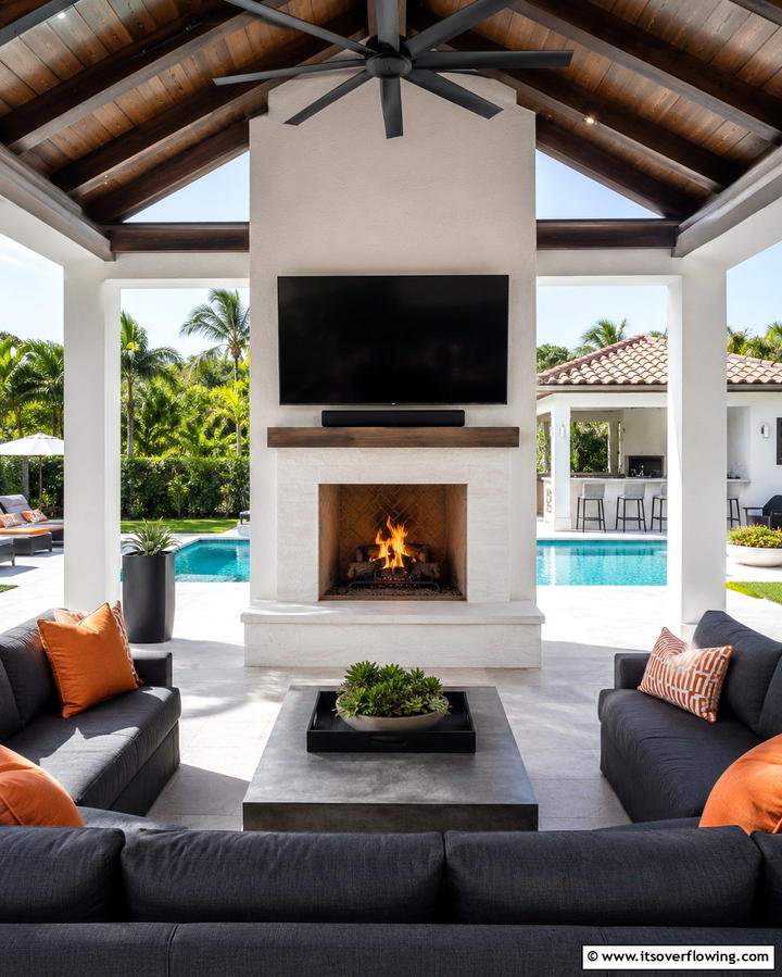Gazebo with a Fireplace and TV Setup - 25 Gazebo With Fireplace Ideas for Cozy Outdoor Nights