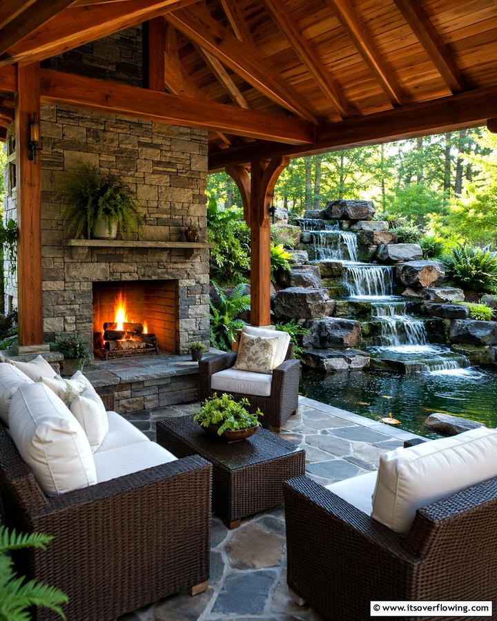 Gazebo with a Fireplace and Water Feature - 25 Gazebo With Fireplace Ideas for Cozy Outdoor Nights