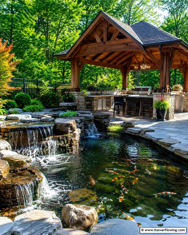 Gazebo with a Water Feature and Outdoor Kitchen - 30 Outdoor Kitchen with Gazebo Ideas for All-Weather Cooking