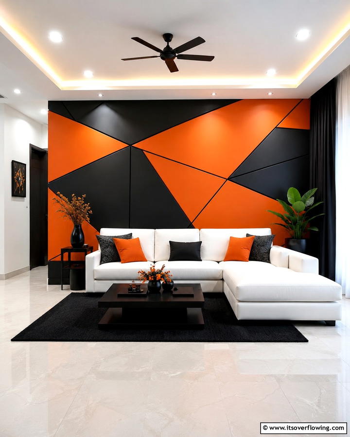 Geometric Accent Walls - 25 Black and Orange Living Room Ideas for a Bold Statement