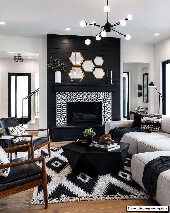 Geometric Accent - 21 Modern Black Shiplap Fireplace Design Inspirations