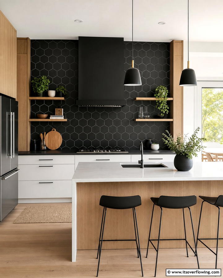 Geometric Black Patterns - 25 Kitchen With Black Backsplash Ideas for Drama