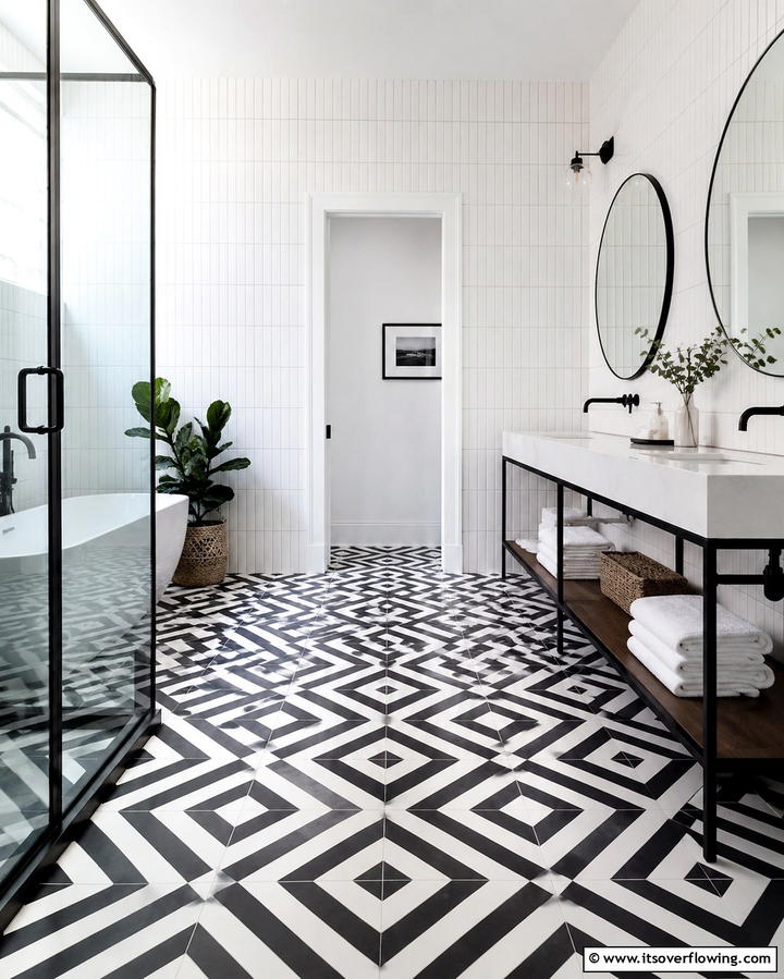 Geometric Black and White Floor Tiles - 30 Striking Black & White Bathroom Tile Designs for Timeless Style