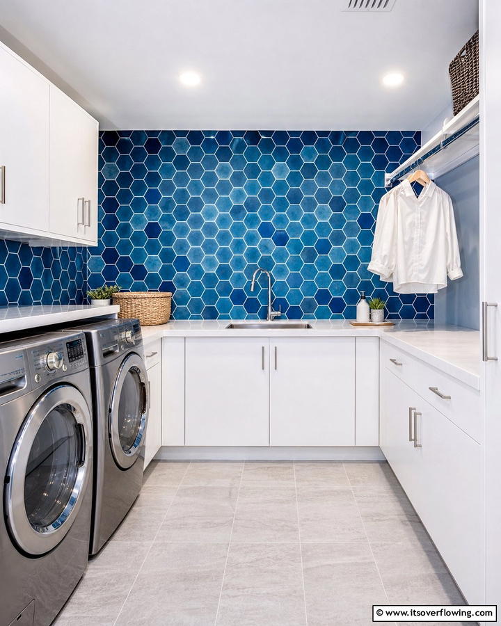 Geometric Blue Backsplash - 25 Blue Laundry Room Ideas for a Fresh and Clean Look