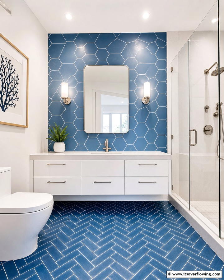 Geometric Blue Patterns for a Modern Look - 25 Stunning Blue Tile Bathroom Ideas for a Fresh Look