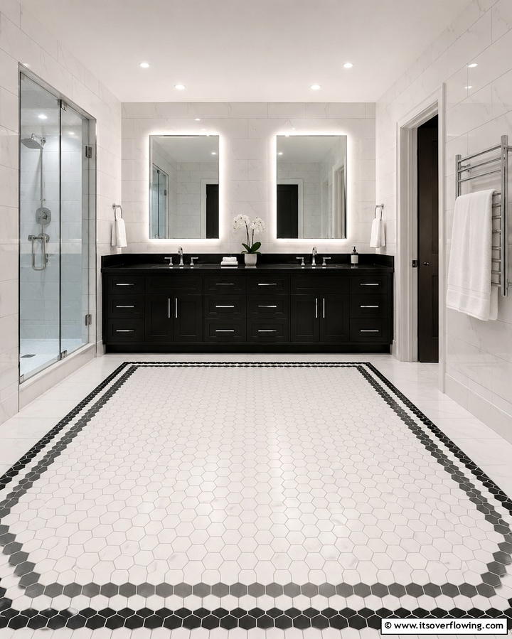 Geometric Borders with Hexagon Tiles - 30 Bathrooms with Hexagon Tile Floor Design Ideas