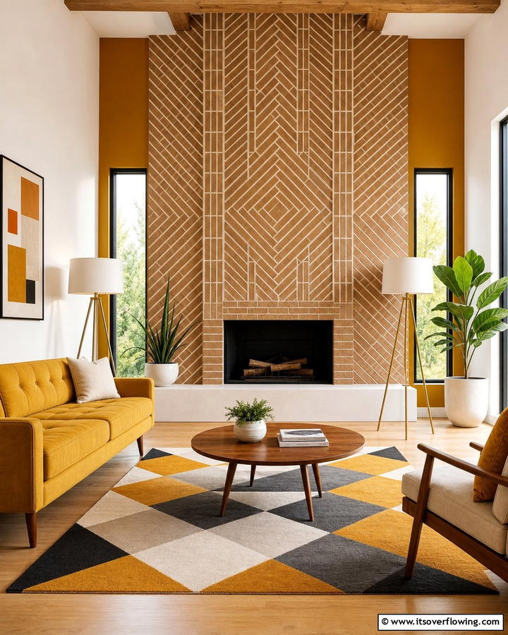 Geometric Brick Layout - 21 Rustic Brick Fireplace Ideas for Warm Living Rooms