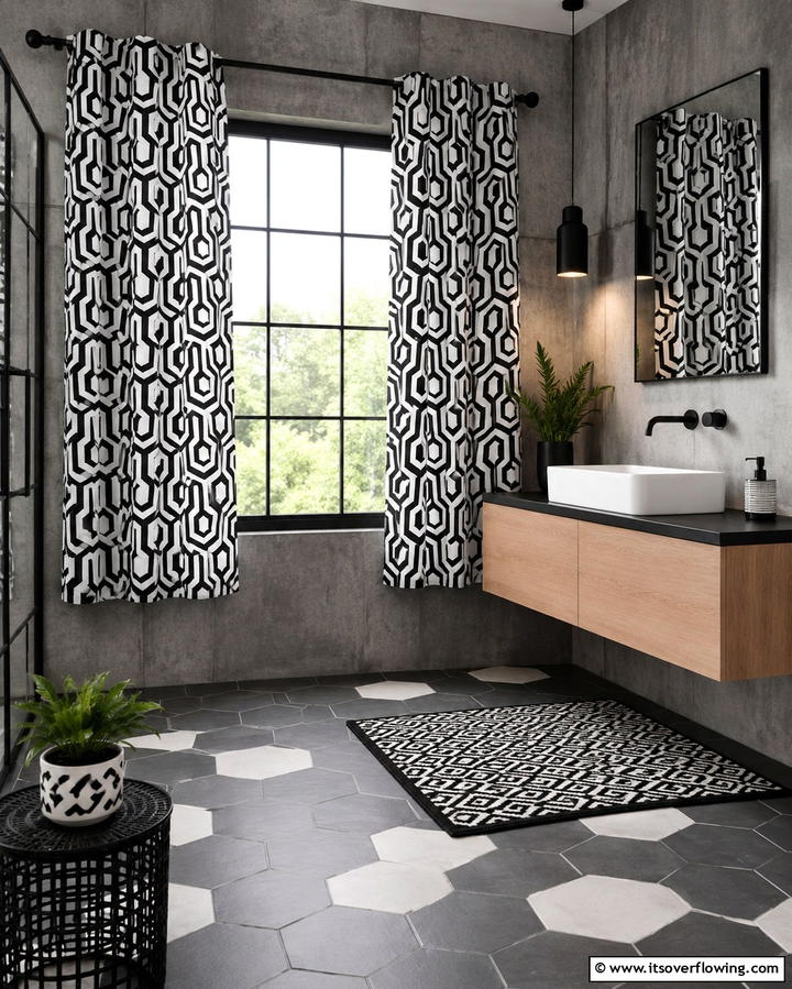 Geometric Curtains for a Contemporary Edge - 25 Bathroom Curtain Ideas for Privacy and Style