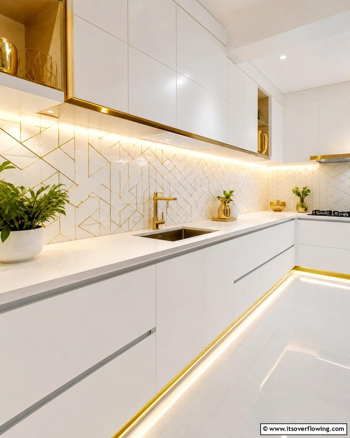 Geometric Gold Accents on White Tiles - 25 White and Gold Kitchen Backsplash Ideas for Elegance
