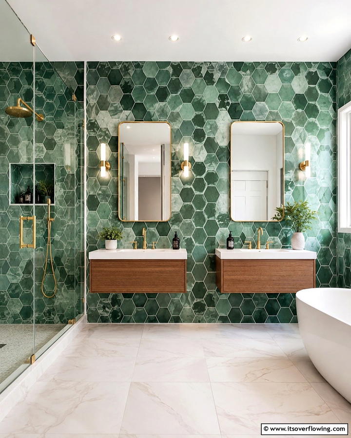 Geometric Green Tile Patterns - 30 Green Tile Bathroom Inspiration Ideas for Bold Spaces