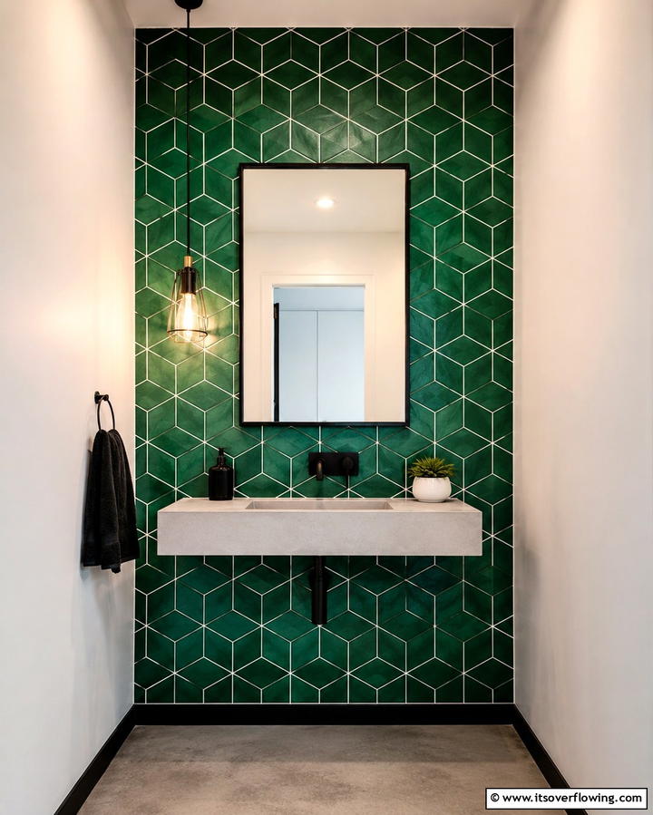 Geometric Green Tiles - 25 Green Powder Room Ideas for a Fresh Look