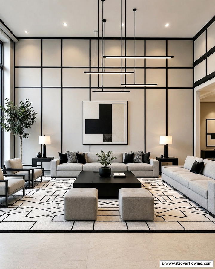 Geometric Harmony - 30 Living Room Grey Walls & Black Trim- Bold Contrast Ideas