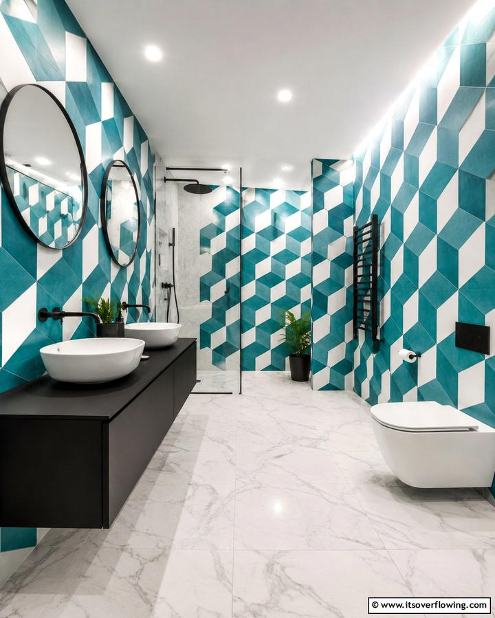 Geometric Illusion Art - 30 Bathroom Mural Ideas for Bold and Artistic Wall Designs