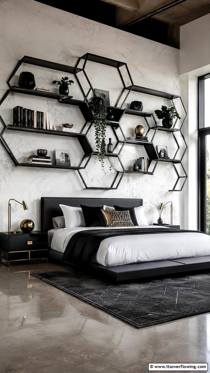 Geometric Metal Design - 30 Bedroom Shelving Ideas for Storage and Display