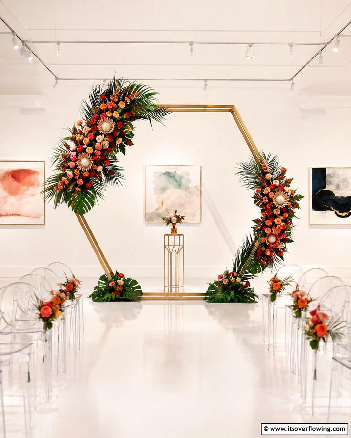 Geometric Metal Frame with Flowers - 30 Beautiful Wedding Backdrop Design Inspirations