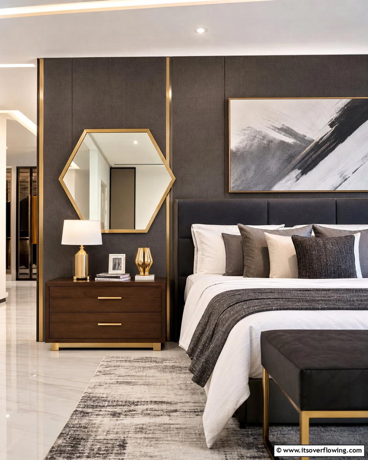 Geometric Mirror for a Modern Edge - 20 Mirror Behind Nightstand Design Ideas for Elegance