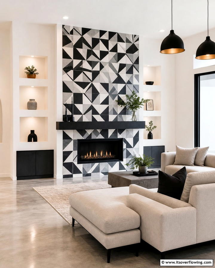 Geometric Modernity - 21 Fireplace Tile Ideas to Refresh Your Hearth’s Aesthetic