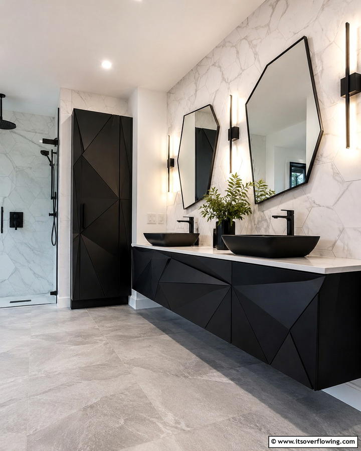 Geometric Modernity - 30 Black Cabinet Bathroom Ideas for Dramatic Modern Spaces