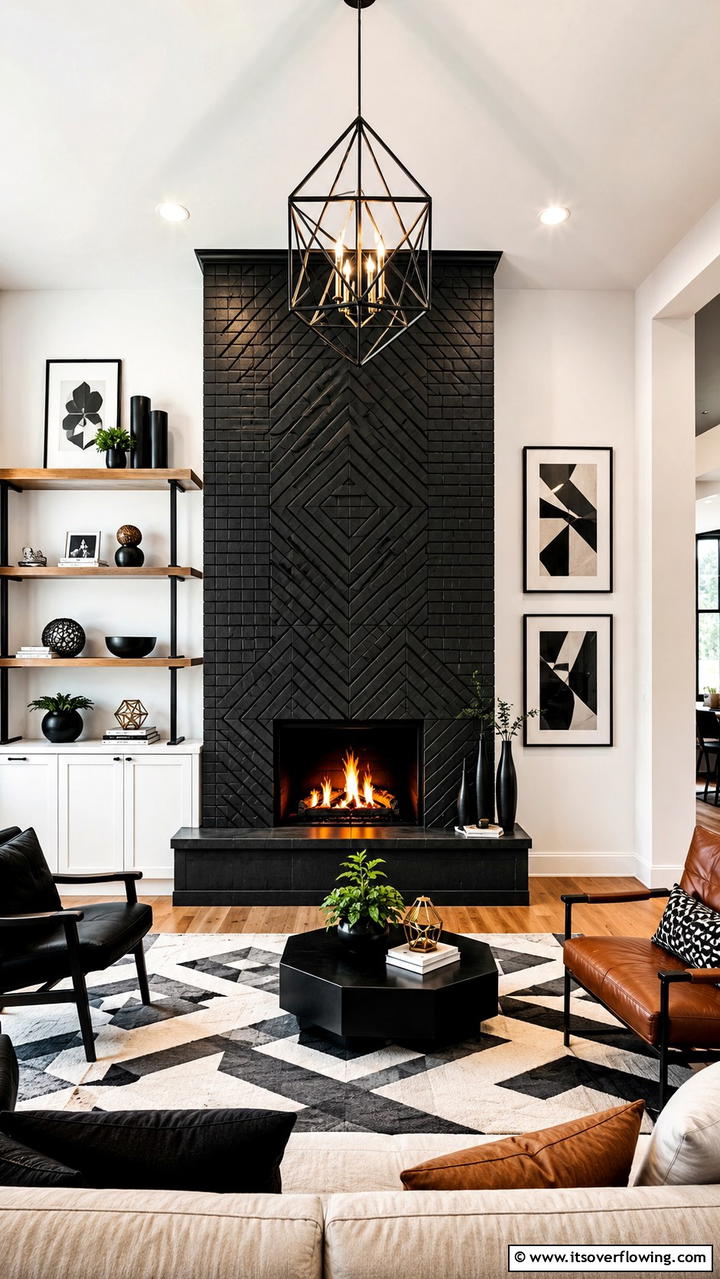 Geometric Pattern Black Brick Fireplace - 30 Black Brick Fireplace Ideas for Dramatic Focal Points