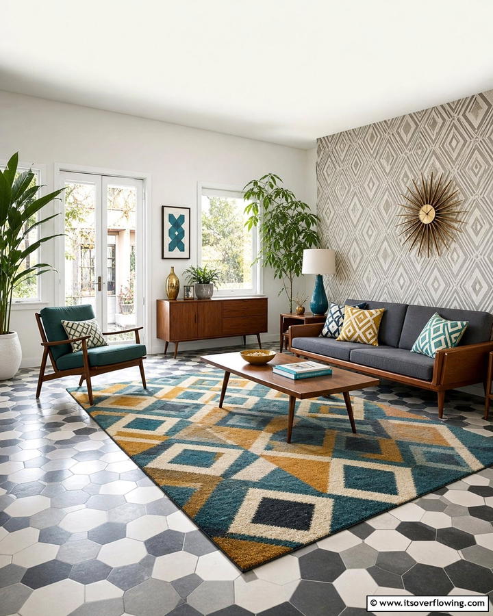 Geometric Pattern Focus - 21 Mid-Century Modern Living Room Ideas- Timeless Style