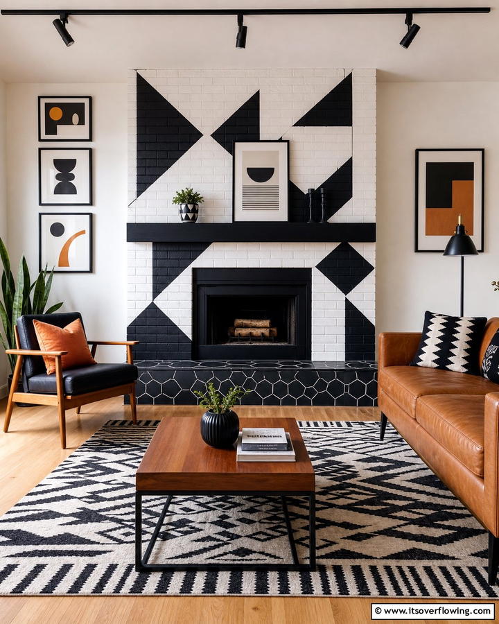 Geometric Pattern Fusion - 21 Painted Brick Fireplace Makeovers for Modern Interiors