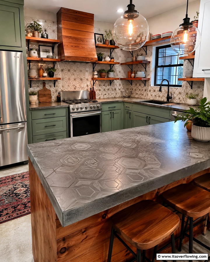 Geometric Pattern Impressions - 25 Concrete Countertop Ideas for a Durable and Stylish Kitchen