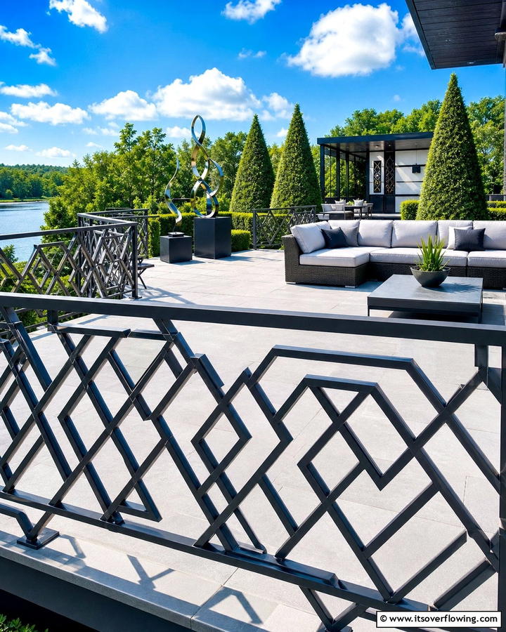 Geometric Pattern Innovation - 30 Modern Metal Deck Railing Ideas for Stylish Outdoor Spaces