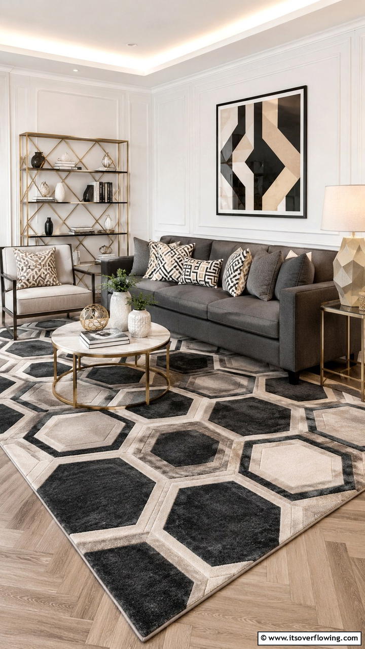 Geometric Pattern Play - 30 Grey and Beige Living Room Ideas- Warm Minimalist Designs