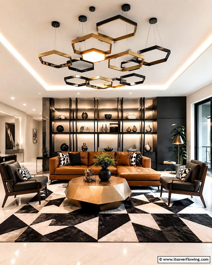 Geometric Pattern Precision - 30 Living Room Ceiling Lighting Ideas- Elevate Your Space