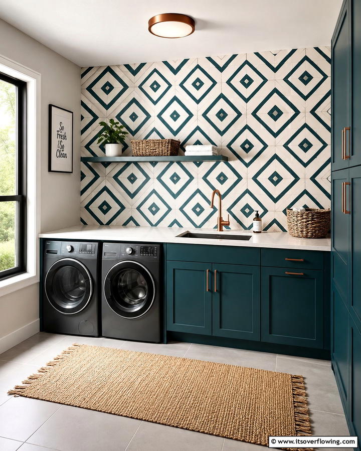 Geometric Pattern Tiles - 30 Laundry Room Tile Ideas for Durable Style Updates