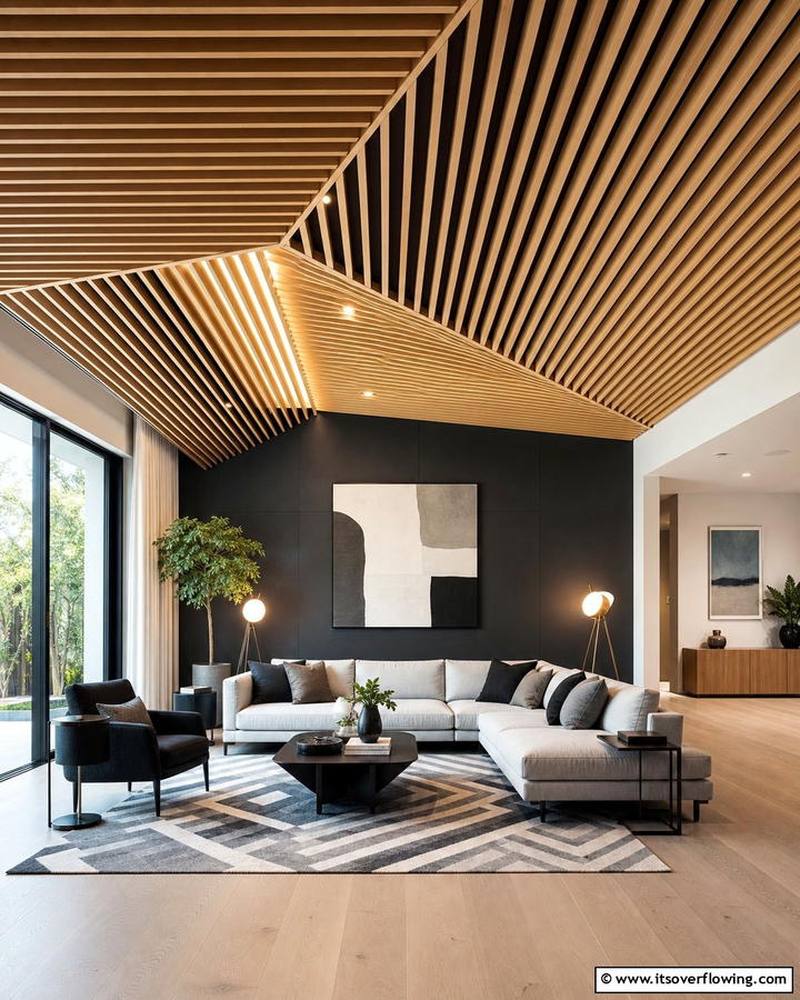Geometric Pattern Wood Slat Ceiling - 30 Wood Slat Ceiling Ideas for Textured Modern Interiors