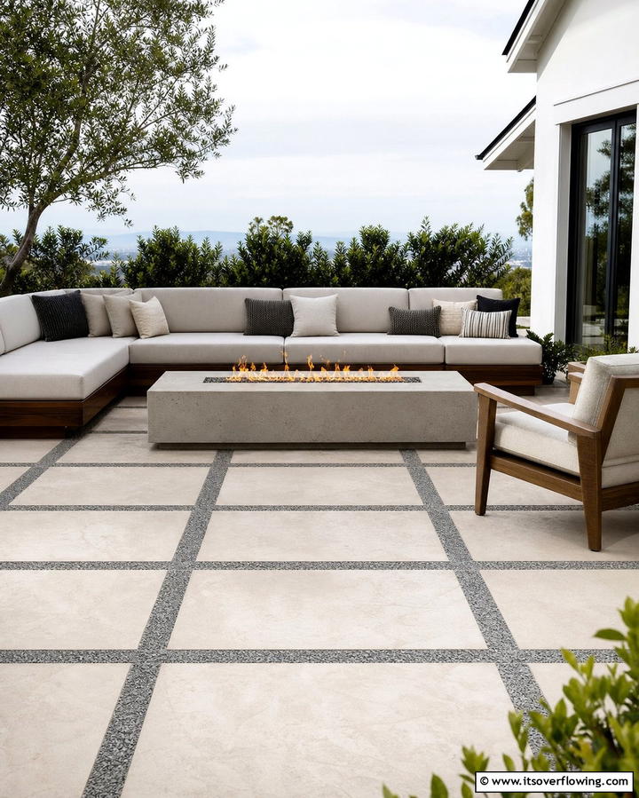 Geometric Patterned Concrete with Modern Fire Pit - 25 Stamped Concrete Patio With Fire Pit Ideas