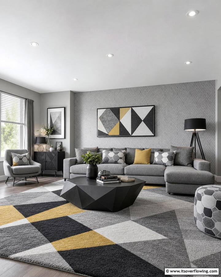 Geometric Patterned Gray Space - 21 Gray Living Room Ideas to Elevate Neutral Decor