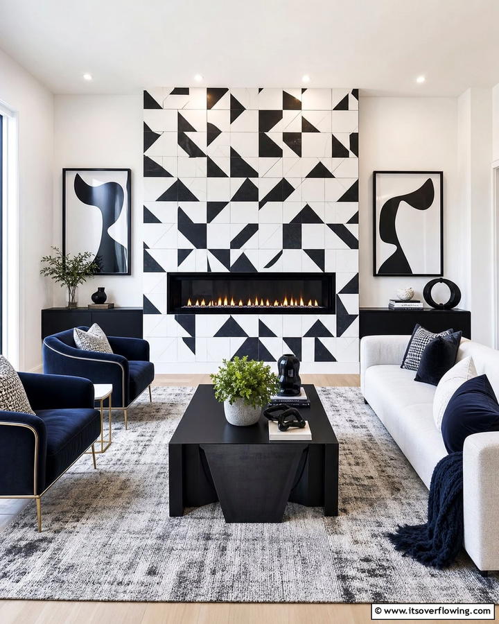 Geometric Patterned Linear Fireplace - 30 Linear Fireplace Ideas for Modern Home Heating