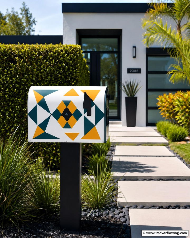 Geometric Patterned Mailbox - 30 Mailbox Decor Ideas- Curb Appeal with Personality