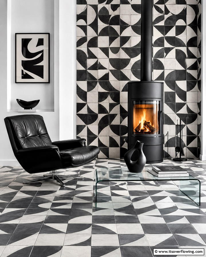 Geometric Patterned Tiles - 30 Cozy Wood Stove Surround Design Inspirations
