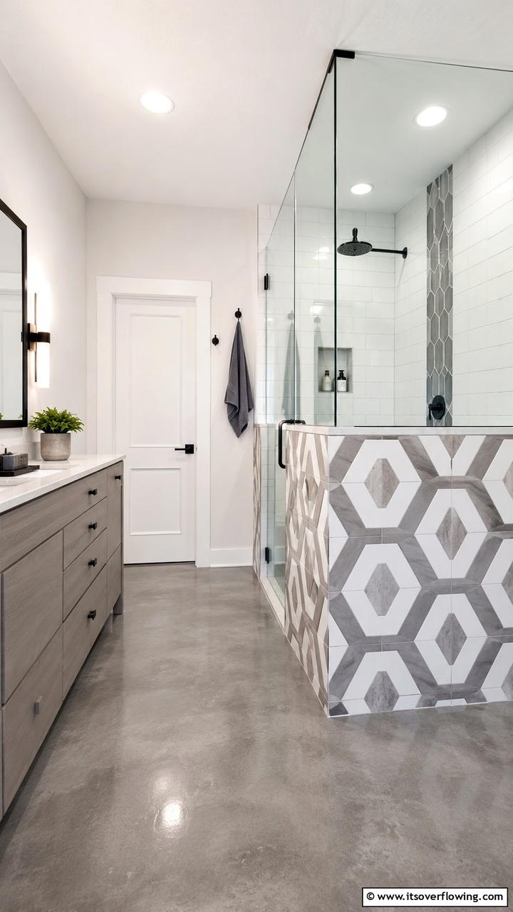 Geometric Patterned Walls - 30 Half-Wall Shower Ideas- Sleek Bathroom Design Solutions
