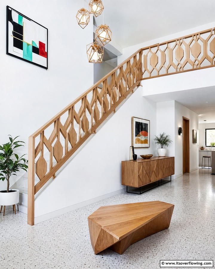 Geometric Patterned Wood Railing - 30 Wood Stair Railing Ideas for Warm Architectural Detail