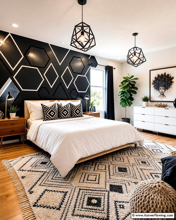 Geometric Patterns - 25 Black Accent Wall Bedroom Ideas for Drama