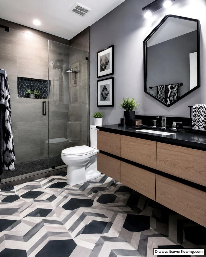 Geometric Patterns - 25 Black and Grey Bathroom Ideas for a Sleek Design