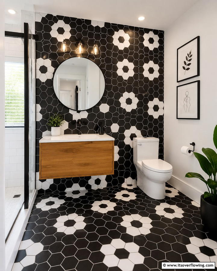 Geometric Patterns - 30 Striking Black & White Bathroom Tile Designs for Timeless Style