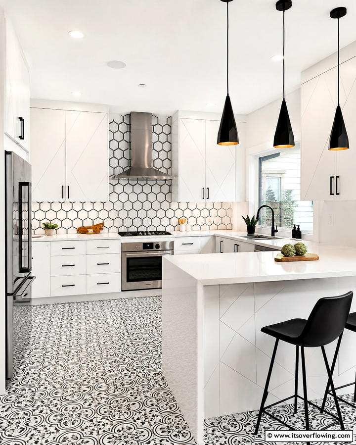 Geometric Patterns - 20 White Kitchen Cabinets With Black Hardware Ideas