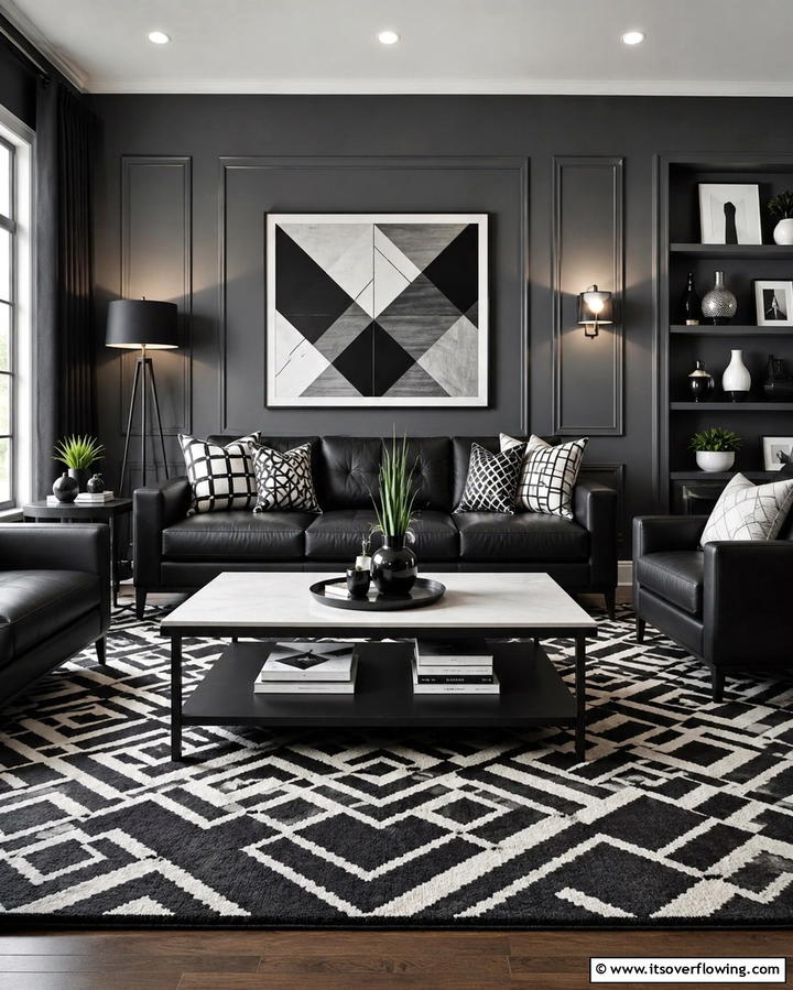 Geometric Patterns Accent - 30 Striking Contrasting Living Rooms Featuring Dark Grey Walls