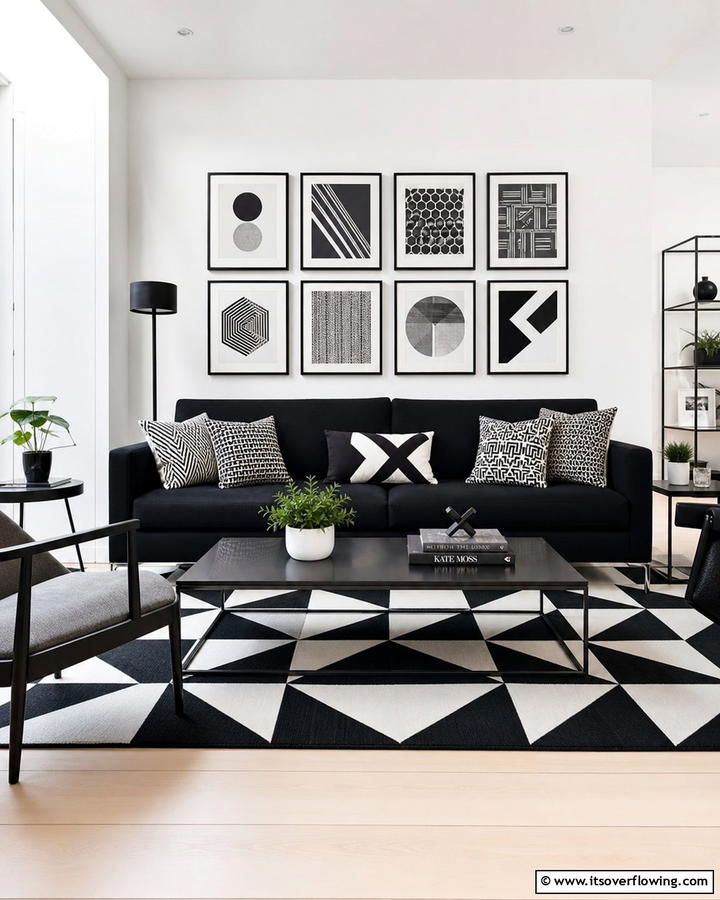 Geometric Patterns Enhancing Black Couch Appeal - 21 Chic Black Couch Living Room Styling Inspirations