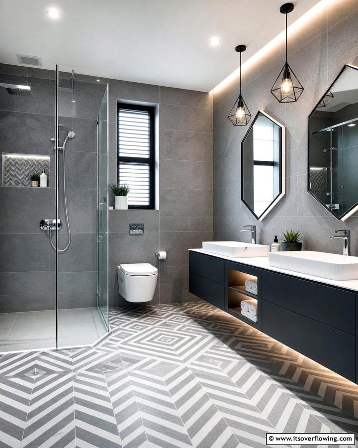 Geometric Patterns Galore - 21 Grey Tile Bathroom Ideas for Modern and Timeless Designs