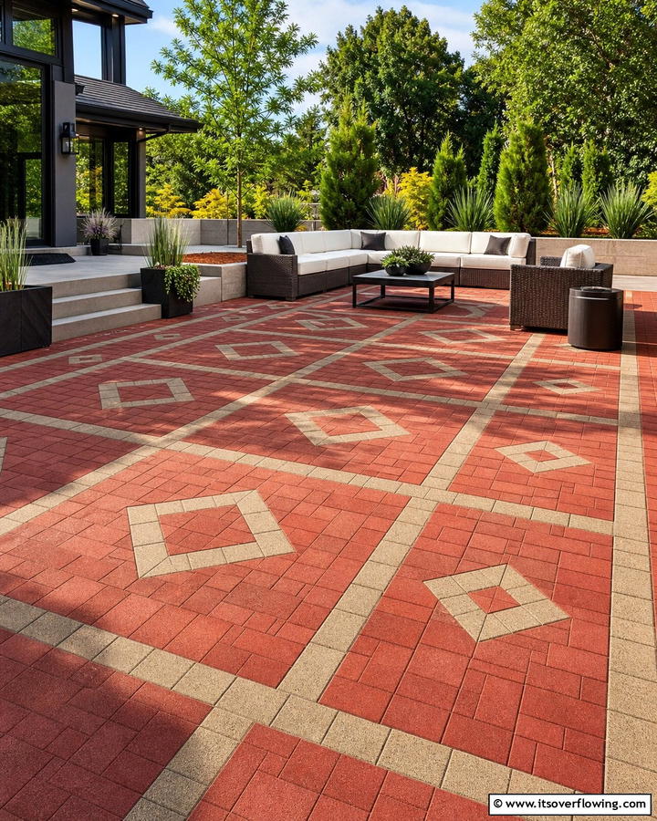Geometric Patterns for a Modern Look - 20 Red Paver Patio Ideas for Stunning Outdoor Spaces
