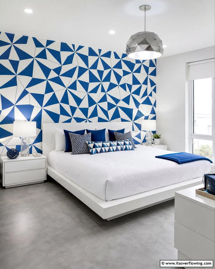 Geometric Patterns for a Modern Look - 25 Blue and White Bedroom Ideas for a Calming Space