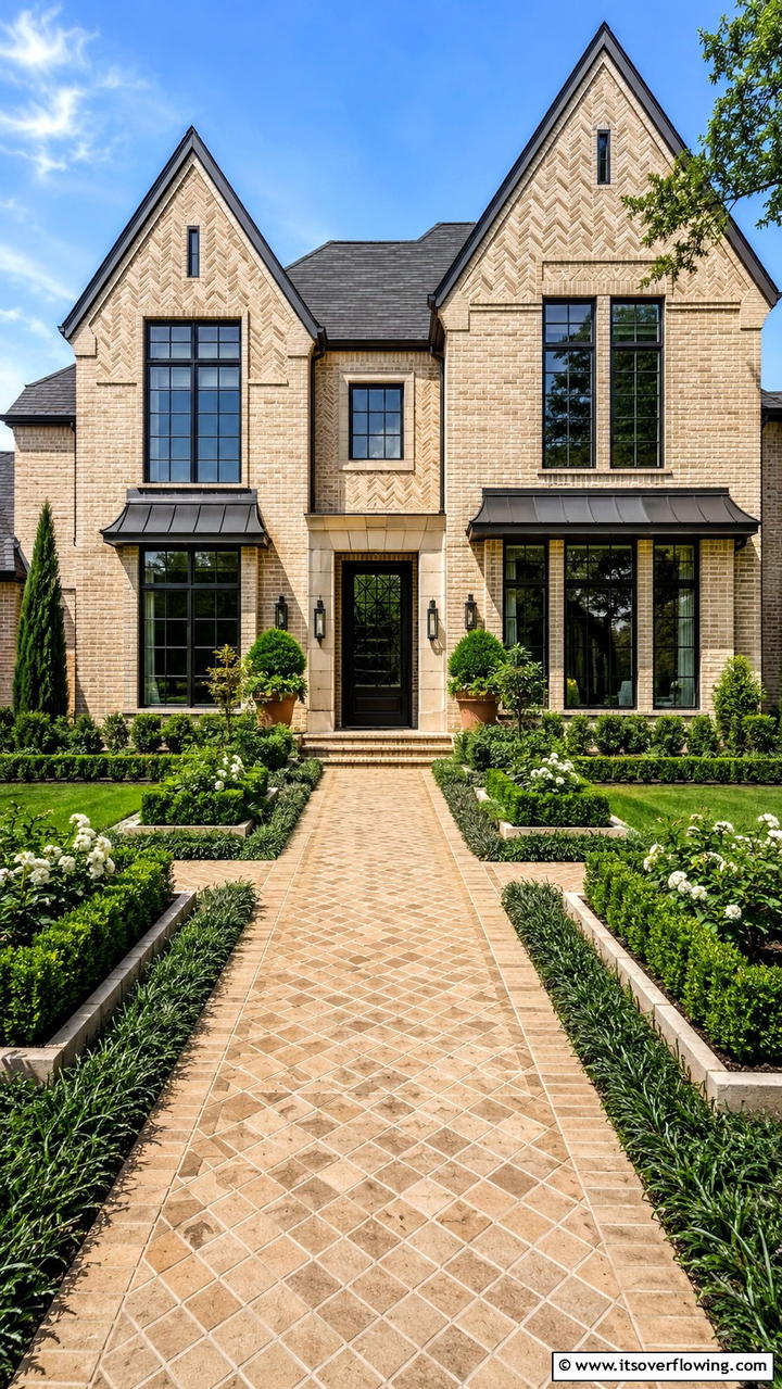 Geometric Patterns in Beige Brick Facade - 30 Beige Brick Exterior Home Ideas for Warm Curb Appeal
